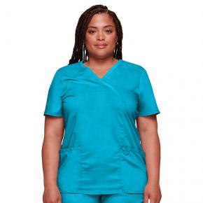 modern classic two-Pockets solid Scrub Top stretch mock wrap